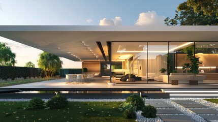 Fototapeta premium Luxurious minimalist suburban home with an emphasis on open spaces and a seamless integration of indoor and outdoor environments Ensure room for text