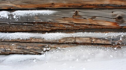 Close up of weathered wooden log cabin wall in snow