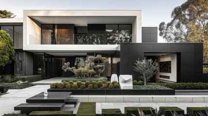 Luxurious minimalist suburban home with a striking black and white color palette and sculptural elements in the garden Space for text included