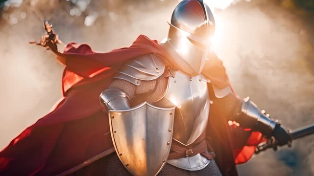 a knight in armor and a cloak, a knight with a sword and shield, morning fog and sun