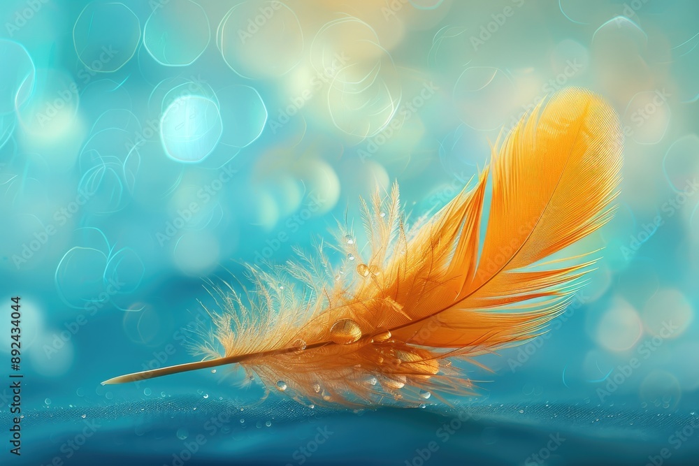 Poster a feather is floating on the surface of the water. the feather is yellow and has a few drops of wate