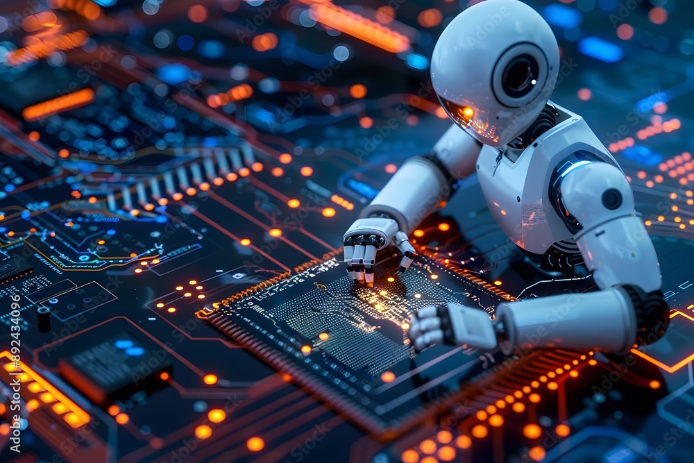 Poster robot working on a circuit board