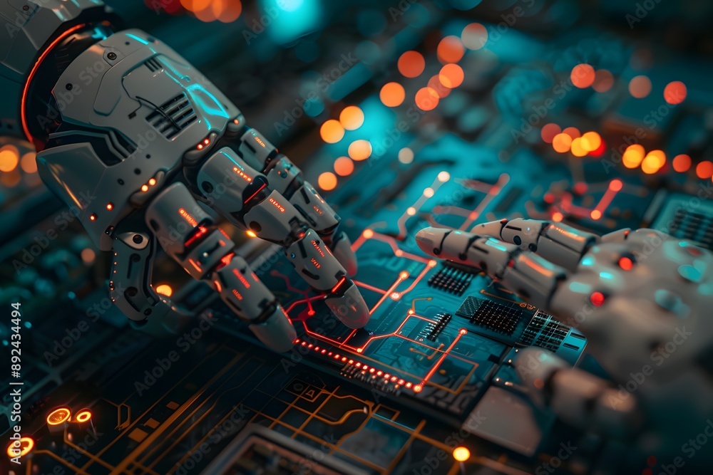 Poster robot hand interacting with circuit board