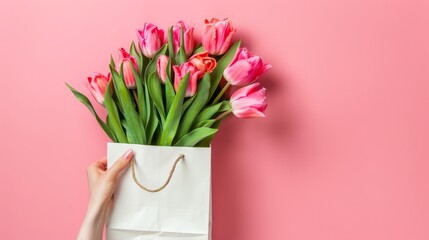 Obraz premium Bouquet of pink tulips in a white paper bag against a pink background. Spring gift and celebration concept