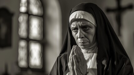Naklejka premium Nun praying in a dimly lit church, black and white portrait. Spirituality and devotion concept