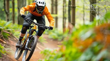 Fototapeta premium A man is riding a bike in a forest