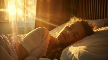 Obraz premium Woman sleeping peacefully in morning sunlight in cozy bedroom, peaceful rest concept