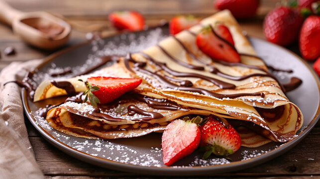 Freshly made crepes with Nutella and sliced strawberries
