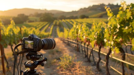 Camera on tripod capturing scenic vineyard at sunset. High-quality image ideal for landscape photography, wine tourism promotions, and nature-themed content creation. 