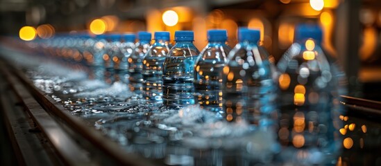 Water Bottles Moving Along a Conveyor Belt in a Factory