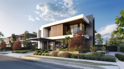 Luxurious modern suburban home with a flat, clean facade, surrounded by low-maintenance landscaping