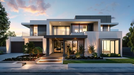 Fototapeta premium Luxurious modern suburban home with a minimalist design, featuring an elegant front garden and sleek facade