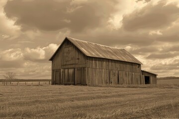 Obraz premium An old barn in a rural setting with a cloudy sky, ideal for country-themed projects or rustic backgrounds