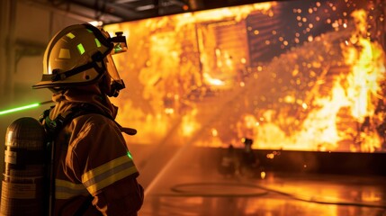 Firefighter battles intense blaze in full gear inside a burning building. Fierce flames and bright sparks highlight the intense risk and bravery involved. Conceptualizes heroism and danger. AI