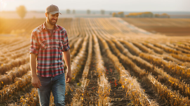 Smiling farmer walking through a field of harvested crops at sunset - Powered by Adobe