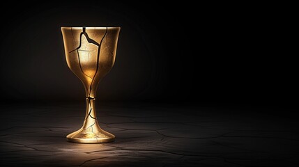 A cracked golden chalice surrounded by shadows illustrating the corruption of greed and blame
