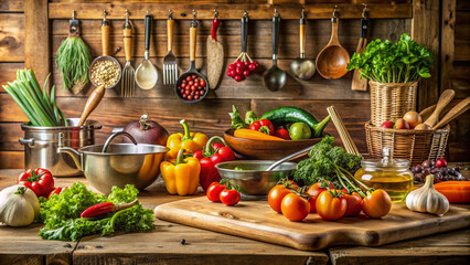 Fresh vegetables and culinary utensils laid out on a clean kitchen counter, ready for a cooking class, with a rustic wooden background and soft lighting.
