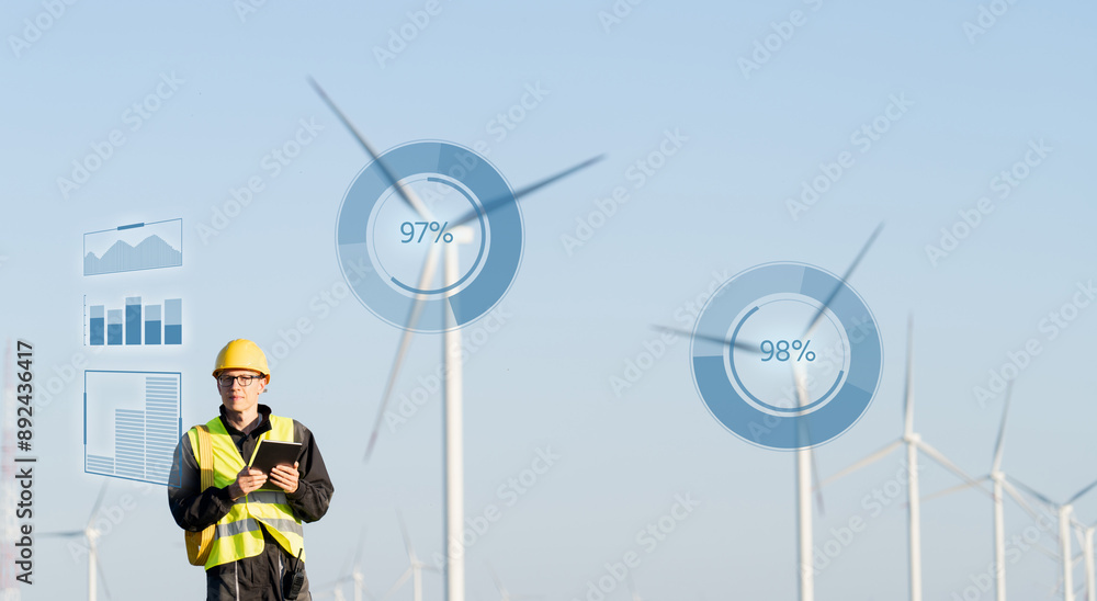 Aufkleber engineer with digital tablet controls wind turbines