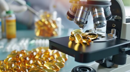 close up of a microscope with golden fish oil softgels on the stage against a laboratory background the image is in the style of an abstract painting
