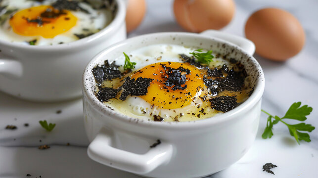 Freshly made eggs en cocotte with black truffle shavings