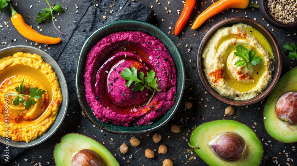 Poster a variety of dips and vegetables are displayed on a table. the dips include hummus, guacamole, and a