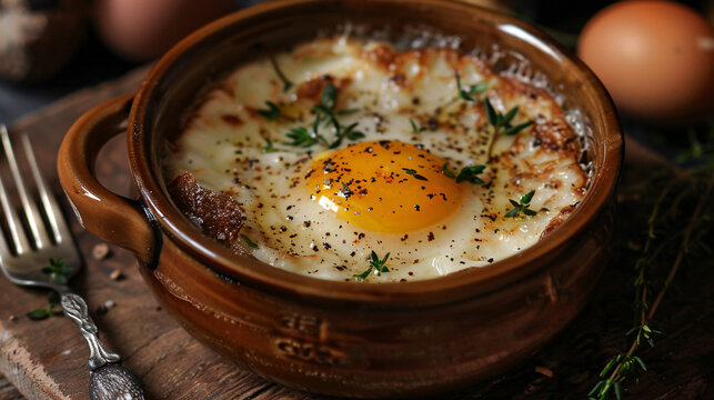 Freshly made eggs en cocotte with truffle shavings