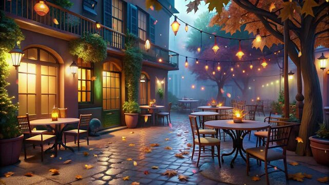 cozy cafe autumn atmosphere falling autumn leaves retro lamps loft video