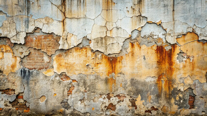 Fototapeta premium Weathered, grimy concrete wall with cracks, stains, and peeling paint, showcasing urban decay and neglect in a gritty, industrial, abstract background texture.