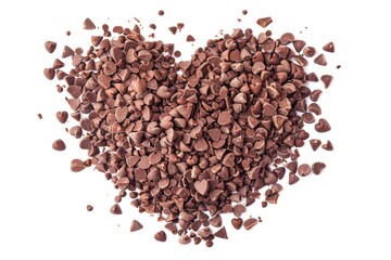 A heart-shaped structure made from melted chocolate chips on a white surface, perfect for decorative or culinary uses