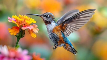 Fototapeta premium Hummingbird in Flight with Colorful Flowers - Photo