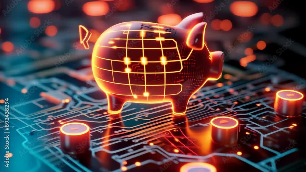 Poster 3d rendering of a glowing piggy bank on a digital circuit board