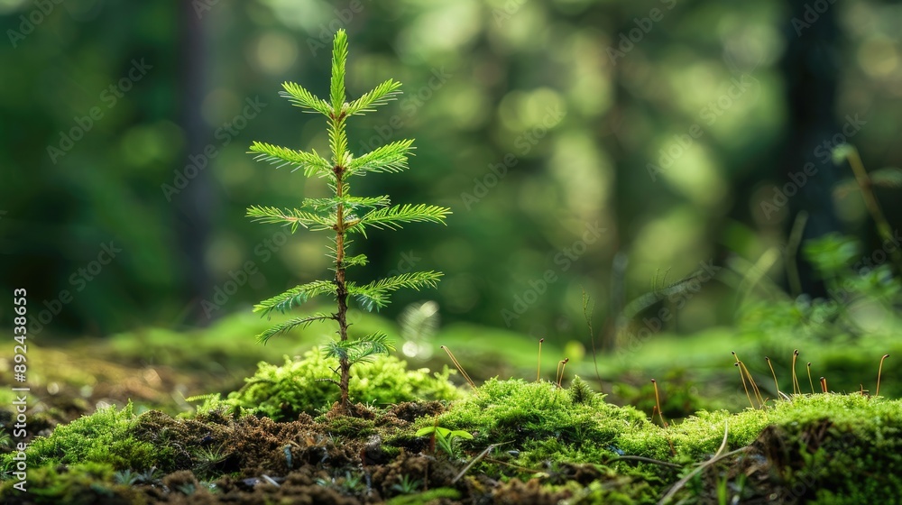 Poster a small tree is growing in a forest. the tree is surrounded by moss and is the only thing visible in
