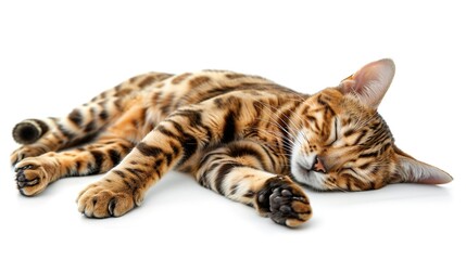 Fototapeta premium A Bengal cat with a sleepy or relaxed demeanor, isolated on a white background.