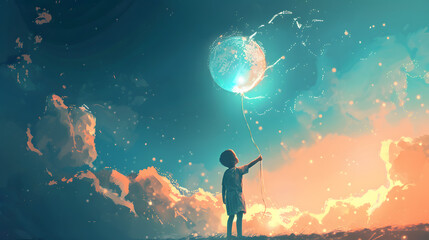 Fototapeta premium A child reaches for a glowing balloon in a dreamlike sky filled with vibrant colors and soft clouds, symbolizing hope and imagination.