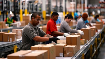 Employees work on an assembly line at a factory.