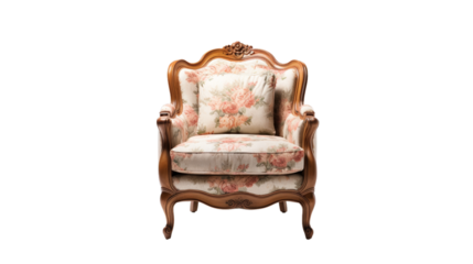 Vintage floral armchair with ornate wooden frame. Perfect for classical interior design and living room decor. Comfortable and stylish seating.