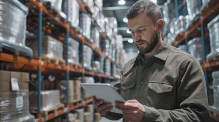A man wearing a casual outfit is using a tablet while standing in a warehouse and looking at the shelves.