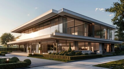 Luxurious suburban home with a minimalist aesthetic, featuring an all-glass facade and neatly arranged landscaping