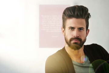 Serious, startup business and portrait of man in office with journalism career at magazine agency....