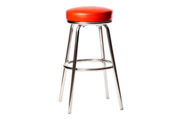 A sleek, metallic bar stool with a vibrant red seat, perfect for enhancing modern kitchen or bar interiors with a touch of retro flair.
