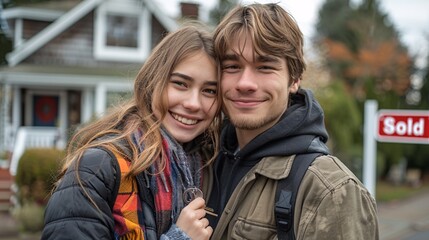 Fototapeta premium Joyful Portrait of a Young Couple in Front of Their New Home