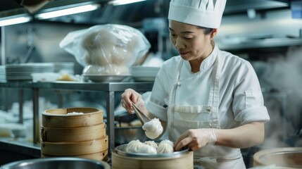 A Chinese female chef serves dim sum dumplings in a bamboo food container.