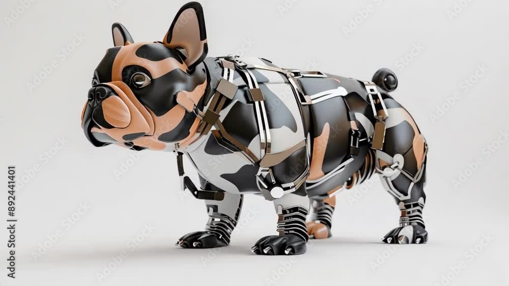 Poster 3d rendering of a robotic bulldog with a camo pattern and intricate details