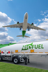 Airplane and biofuel tank trailer. New energy sources.