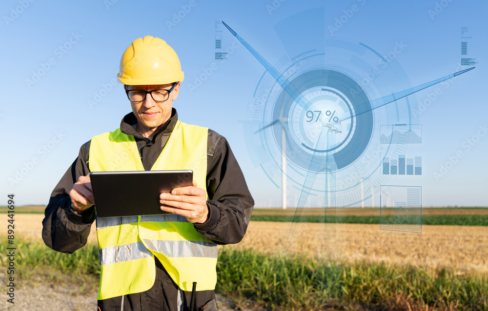 Aufkleber engineer with digital tablet controls wind turbines