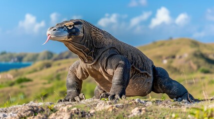 Obraz premium A large Komodo Dragon standing on a rocky surface with a blurred background of the National Park panorama