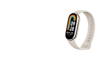 Closeup of slim cream-colored smartwatch, isolated on white copy-space background.