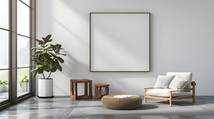 Modern cozy mock up and decoration furniture of living room and empty canvas frame on the white wall texture background, 3D rendering