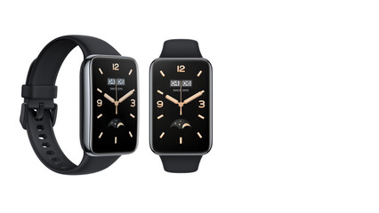 Closeup of black classy smartwatch with gold accents, isolated on white copy-space background.