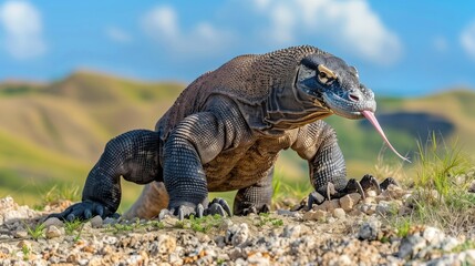 Obraz premium A large Komodo Dragon standing on a rocky surface with a blurred background of the National Park panorama